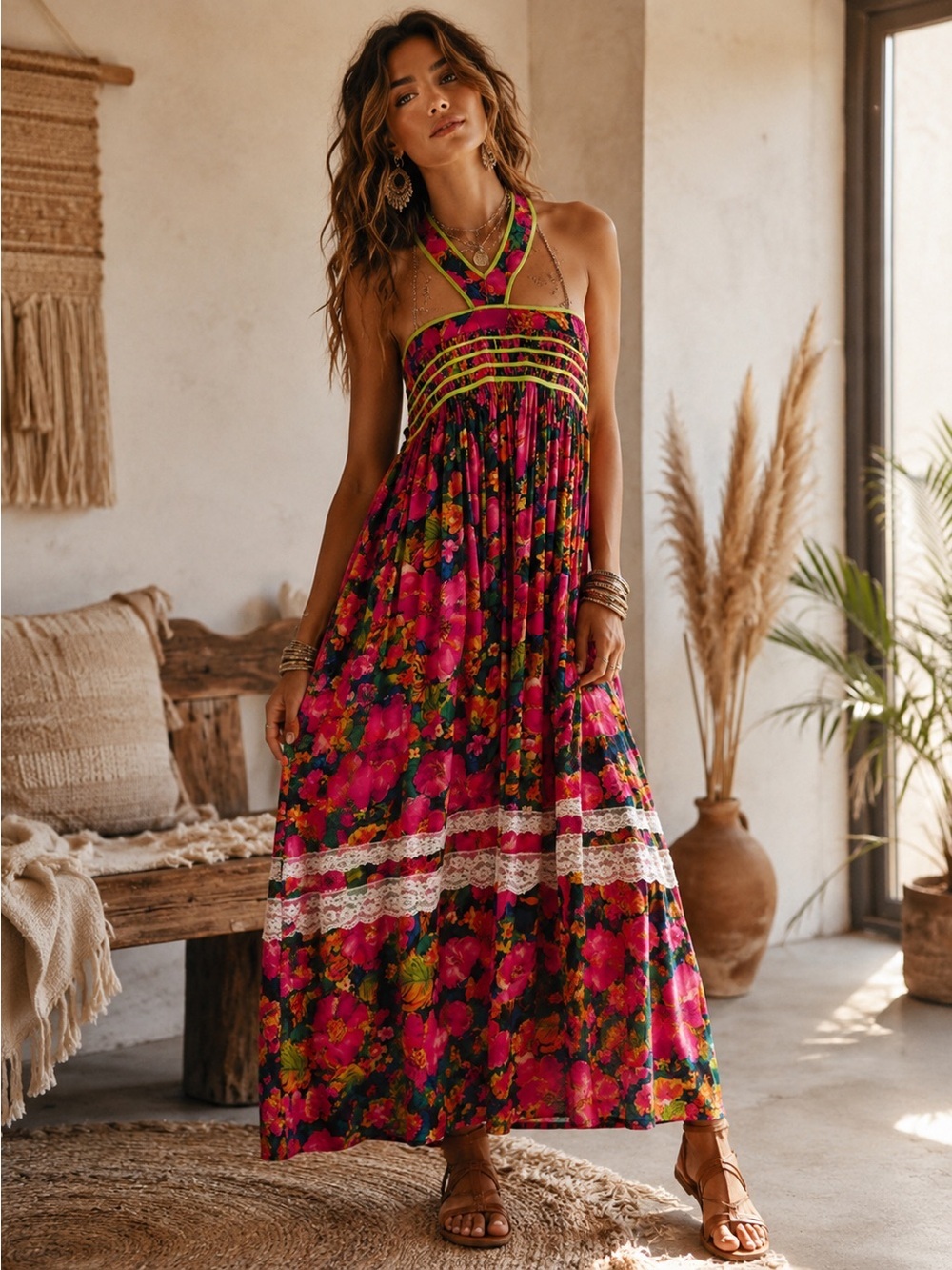 Handmade vintage psychedelic Dayglow floral bark cloth halter dress midi S/M